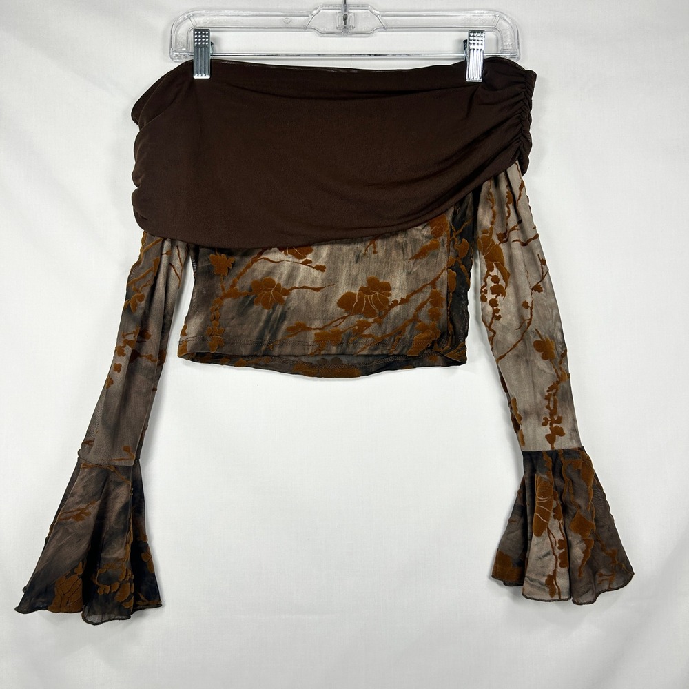 Y2K Floral Velvet Burnout Mesh Off-Shoulder Bell Sleeve Top – Size Small